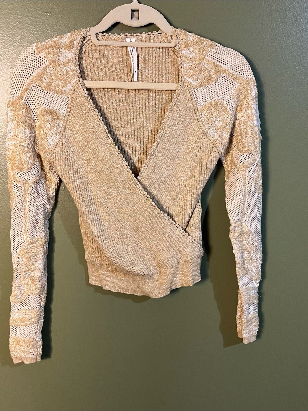 Anthropologie Beige Wrap V-Neck Sweater with Lace-Detail Sleeves
